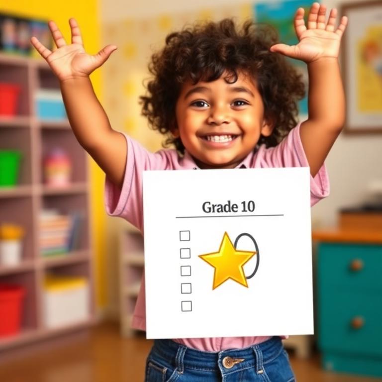 Criança feliz mostrando nota 10 em matemática