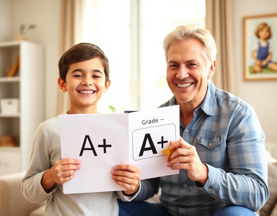 Criança e pai comemorando nota A+