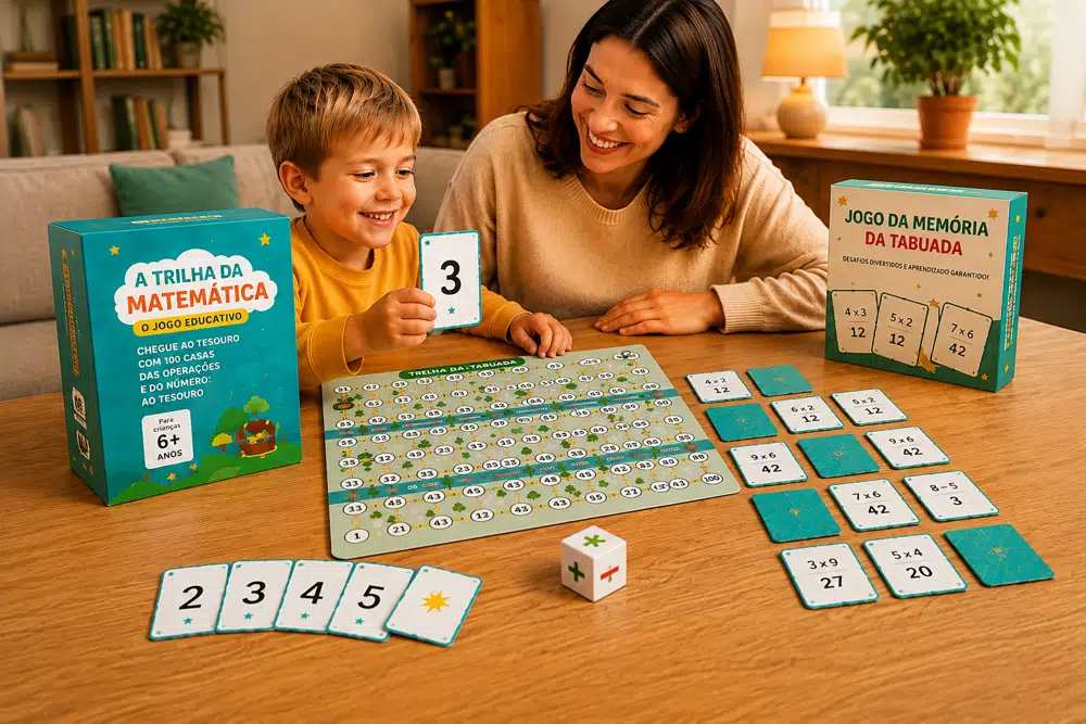 Mãe e filho jogando A Trilha da Matemática com cartas, dado, tabuleiro e jogo da memória da tabuada na mesa de casa